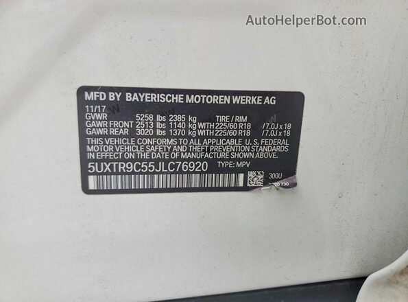 5UXTR9C55JLC76920 2018 BMW X3 White Вид наклейки з VIN-кодом