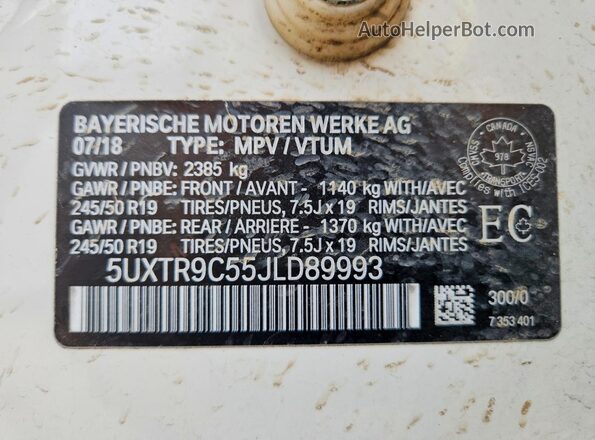 5UXTR9C55JLD89993 2018 BMW X3 White Widok wnętrza 360 stopni