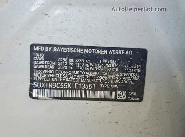 5UXTR9C55KLE13551 2019 BMW X3 Silver VIN კოდის სტიკერის ხედი