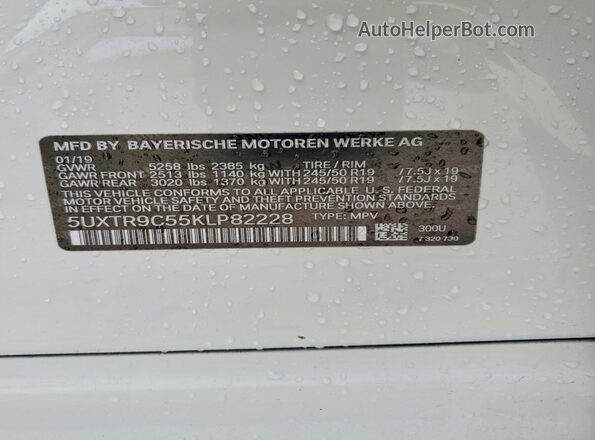 5UXTR9C55KLP82228 2019 BMW X3 White VIN sticker view