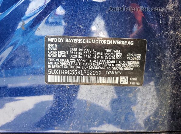 5UXTR9C55KLP92032 2019 BMW X3 Blue Vista de la etiqueta del VIN