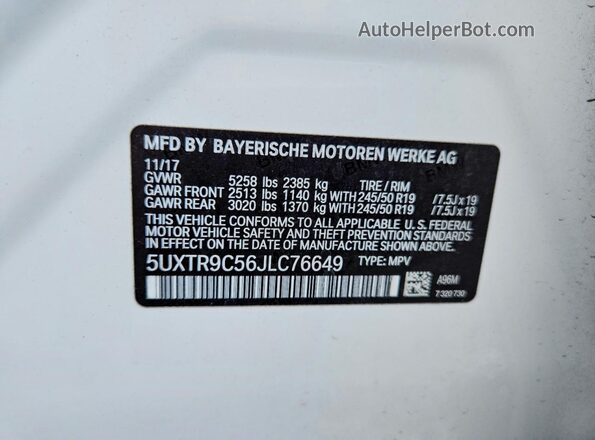 5UXTR9C56JLC76649 2018 BMW X3 White Вид наклейки з VIN-кодом