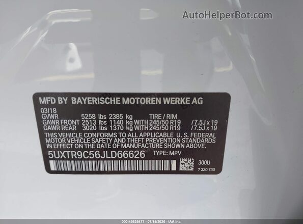 5UXTR9C56JLD66626 2018 BMW X3 White Widok komory silnika