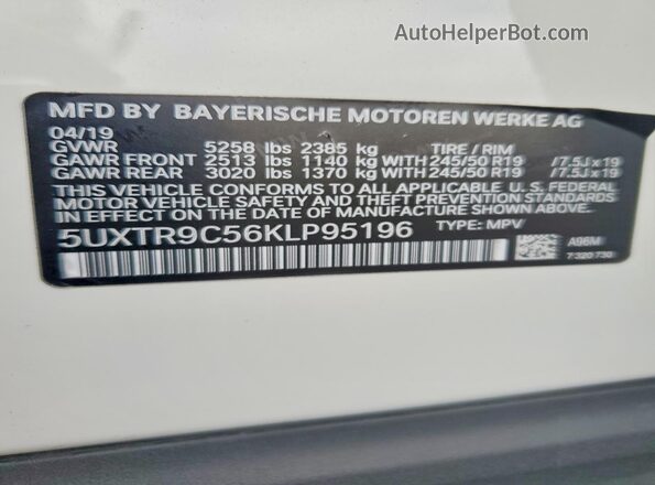5UXTR9C56KLP95196 2019 BMW X3 White VIN sticker view