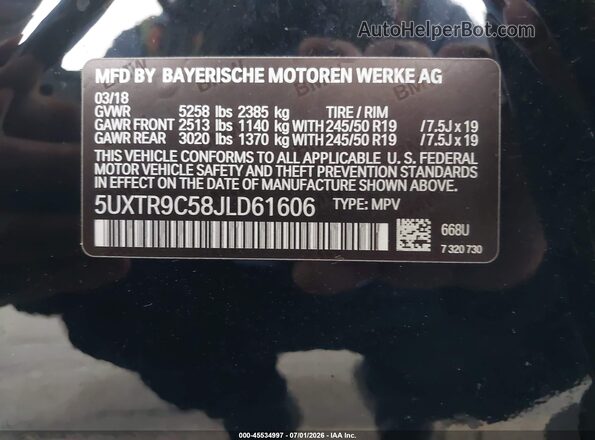 5UXTR9C58JLD61606 2018 BMW X3 Black Շարժիչի բաժամունքի տեսք