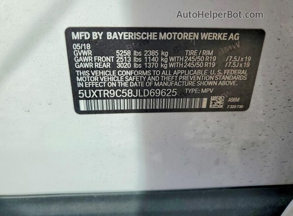5UXTR9C58JLD69625 2018 BMW X3 White Панорамний вид салону 360°