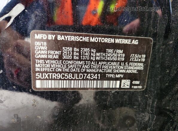 5UXTR9C58JLD74341 2018 BMW X3 Синий Вид наклейки с VIN-кодом