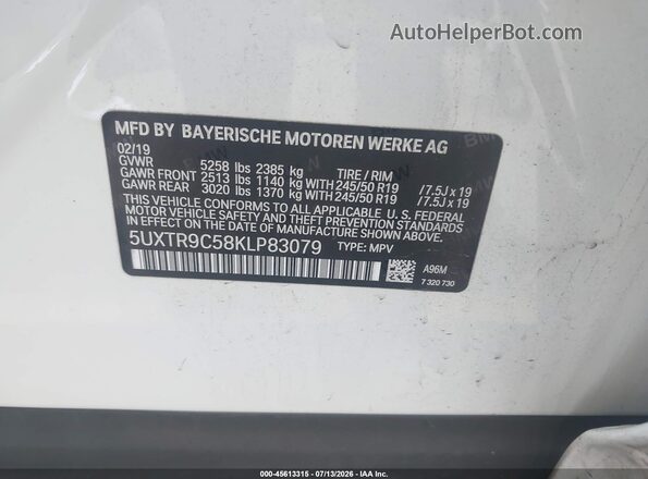 5UXTR9C58KLP83079 2019 BMW X3 White Շարժիչի բաժամունքի տեսք