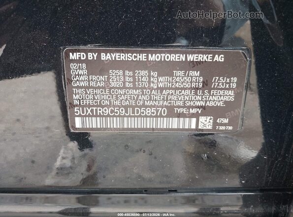 5UXTR9C59JLD58570 2018 BMW X3 Black ძრავის განყოფილების ხედი