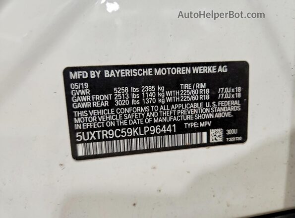 5UXTR9C59KLP96441 2019 BMW X3 White VIN կոդի պիտակի տեսք