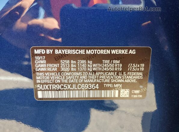 5UXTR9C5XJLC69364 2018 BMW X3 Blue VIN sticker view