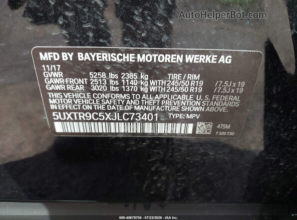 5UXTR9C5XJLC73401 2018 BMW X3 Black Շարժիչի բաժամունքի տեսք