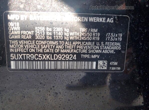 5UXTR9C5XKLD92924 2019 BMW X3 Black Vista de la etiqueta del VIN