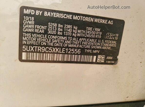 5UXTR9C5XKLE12556 2019 BMW X3 White Widok naklejki z numerem VIN