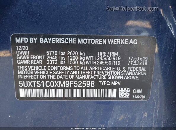 5UXTS1C0XM9F52598 2021 BMW X3 Blue Engine compartment view