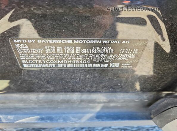5UXTS1C0XM9H46404 2021 BMW X3 Charcoal VIN კოდის სტიკერის ხედი