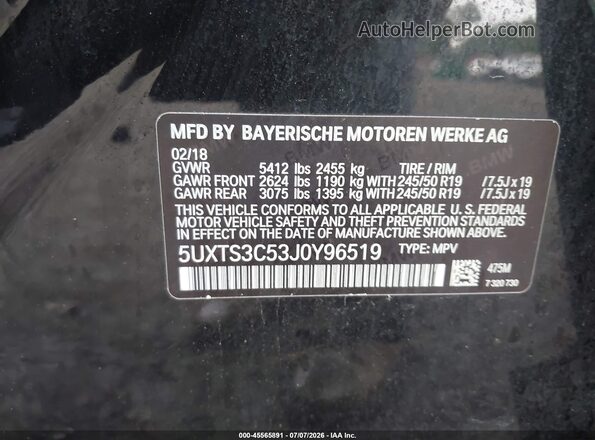 5UXTS3C53J0Y96519 2018 BMW X3 Black Vista del compartimento del motor