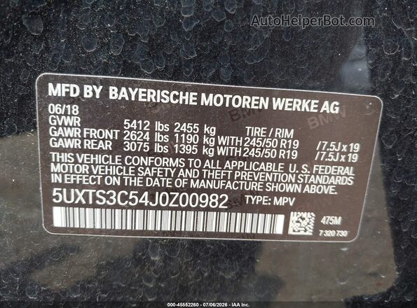 5UXTS3C54J0Z00982 2018 BMW X3 Black Շարժիչի բաժամունքի տեսք