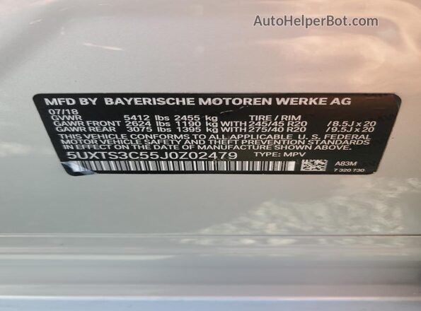 5UXTS3C55J0Z02479 2018 BMW X3 Silver Vista de la etiqueta del VIN