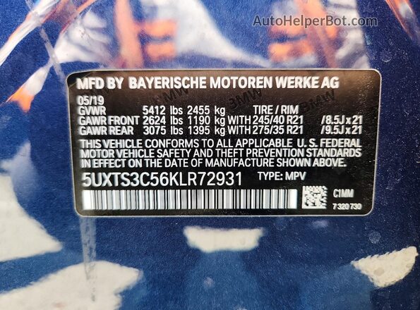 5UXTS3C56KLR72931 2019 BMW X3 Blue 360 interior view