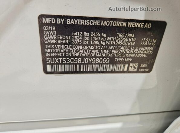 5UXTS3C58J0Y98069 2018 BMW X3 White Панорамний вид салону 360°