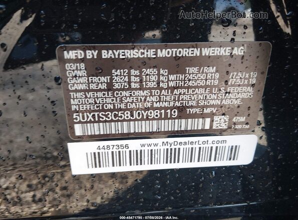 5UXTS3C58J0Y98119 2018 BMW X3 Black Widok komory silnika