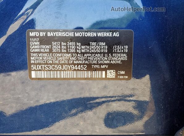 5UXTS3C59J0Y94452 2018 BMW X3 Blue VIN sticker view