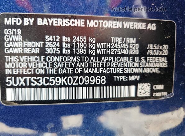 5UXTS3C59K0Z09968 2019 BMW X3 Blue Widok naklejki z numerem VIN