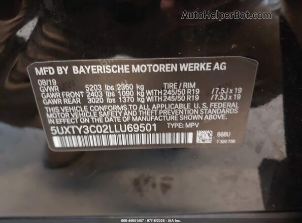 5UXTY3C02LLU69501 2020 BMW X3 Black ძრავის განყოფილების ხედი