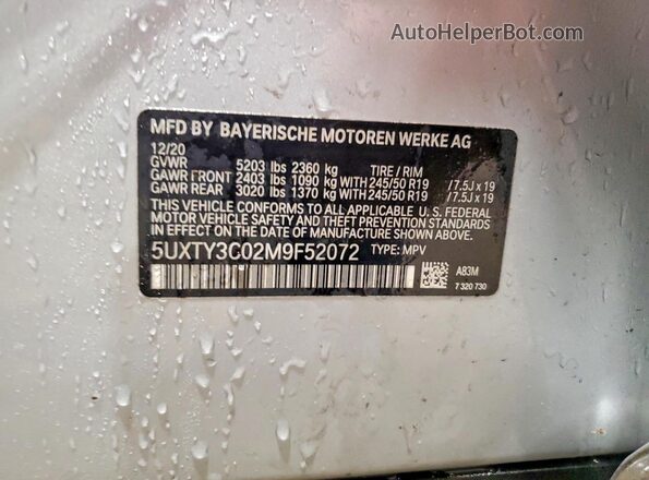 5UXTY3C02M9F52072 2021 BMW X3 Silver VIN sticker view