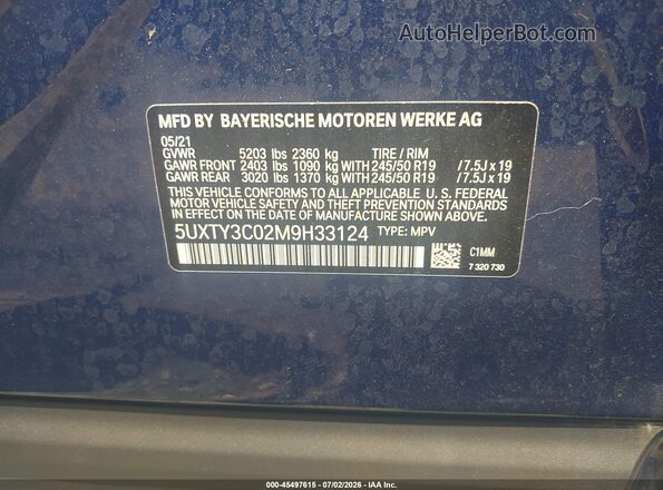 5UXTY3C02M9H33124 2021 BMW X3 Синий Вид подкапотного пространства