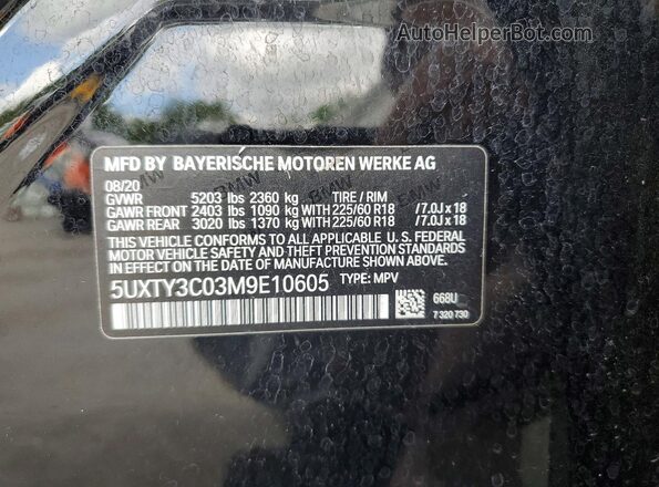 5UXTY3C03M9E10605 2021 BMW X3 Black VIN კოდის სტიკერის ხედი