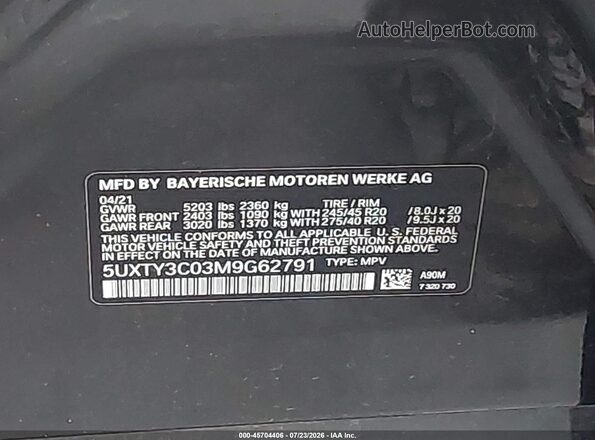 5UXTY3C03M9G62791 2021 BMW X3 Black Вид підкапотного простору