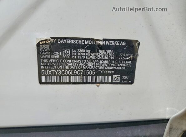 5UXTY3C06L9C71505 2020 BMW X3 White VIN sticker view