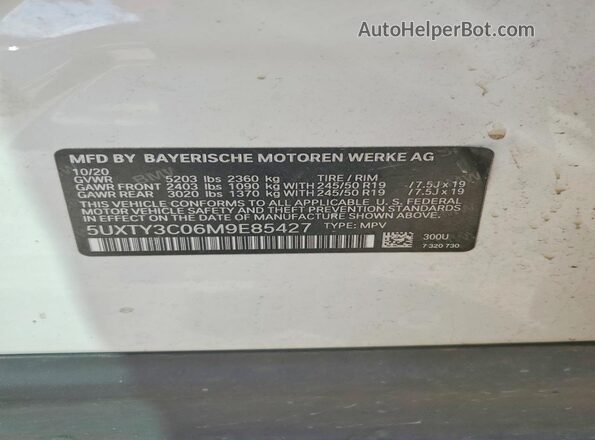 5UXTY3C06M9E85427 2021 BMW X3 Белый Вид наклейки с VIN-кодом