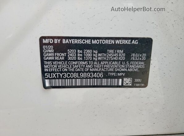 5UXTY3C08L9B93406 2020 BMW X3 White Widok wnętrza 360 stopni