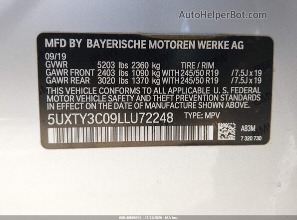 5UXTY3C09LLU72248 2020 BMW X3 Silver Engine compartment view