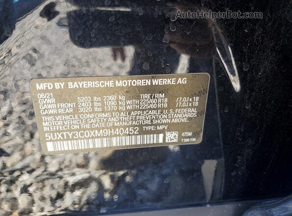 5UXTY3C0XM9H40452 2021 BMW X3 Black Widok naklejki z numerem VIN