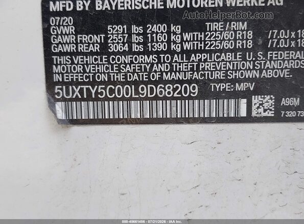 5UXTY5C00L9D68209 2020 BMW X3 White Widok komory silnika