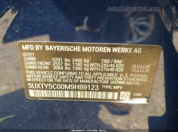 5UXTY5C00M9H89123 2021 BMW X3 Blue Շարժիչի բաժամունքի տեսք