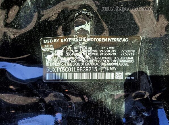 5UXTY5C01L9B39215 2020 BMW X3 Black VIN კოდის სტიკერის ხედი