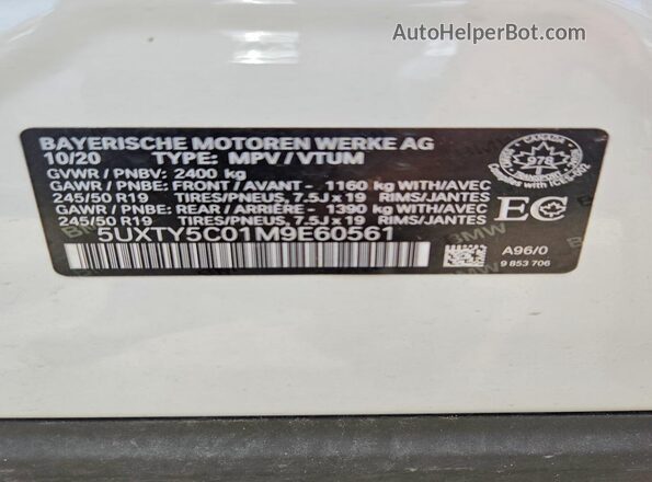 5UXTY5C01M9E60561 2021 BMW X3 White Панорамний вид салону 360°