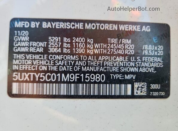 5UXTY5C01M9F15980 2021 BMW X3 White Vista de la etiqueta del VIN