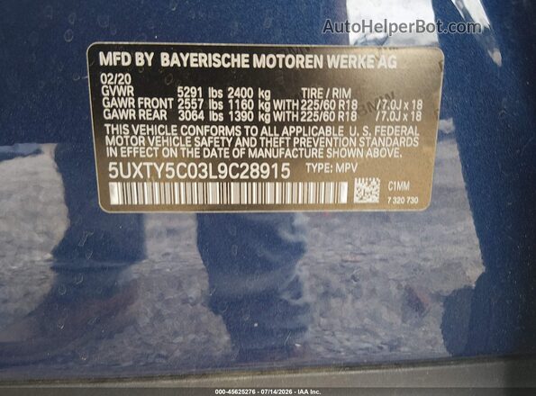 5UXTY5C03L9C28915 2020 BMW X3 Dark Blue Widok komory silnika