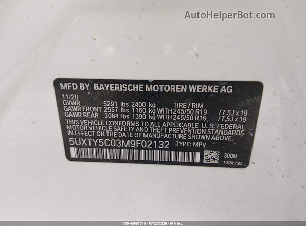 5UXTY5C03M9F02132 2021 BMW X3 White ძრავის განყოფილების ხედი