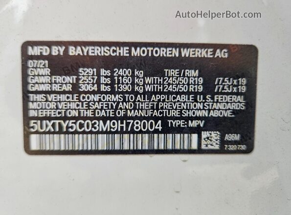 5UXTY5C03M9H78004 2021 BMW X3 White Панорамний вид салону 360°