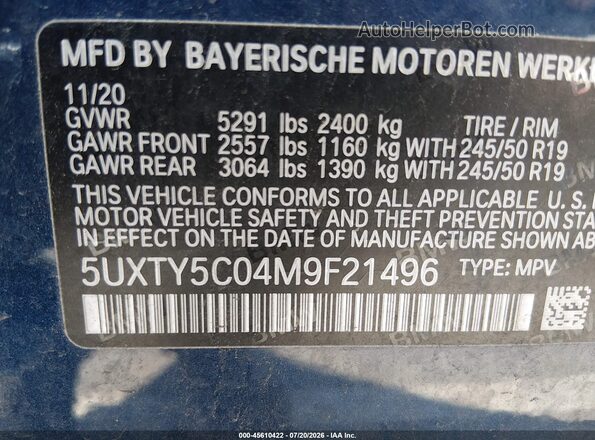 5UXTY5C04M9F21496 2021 BMW X3 Blue Vista del compartimento del motor