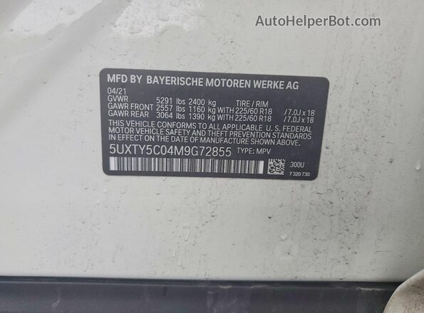 5UXTY5C04M9G72855 2021 BMW X3 White Vista de la etiqueta del VIN