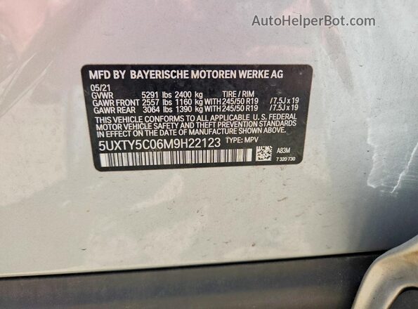 5UXTY5C06M9H22123 2021 BMW X3 Серебряный Вид наклейки с VIN-кодом