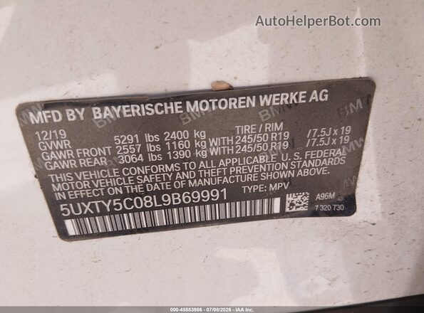 5UXTY5C08L9B69991 2020 BMW X3 White Շարժիչի բաժամունքի տեսք